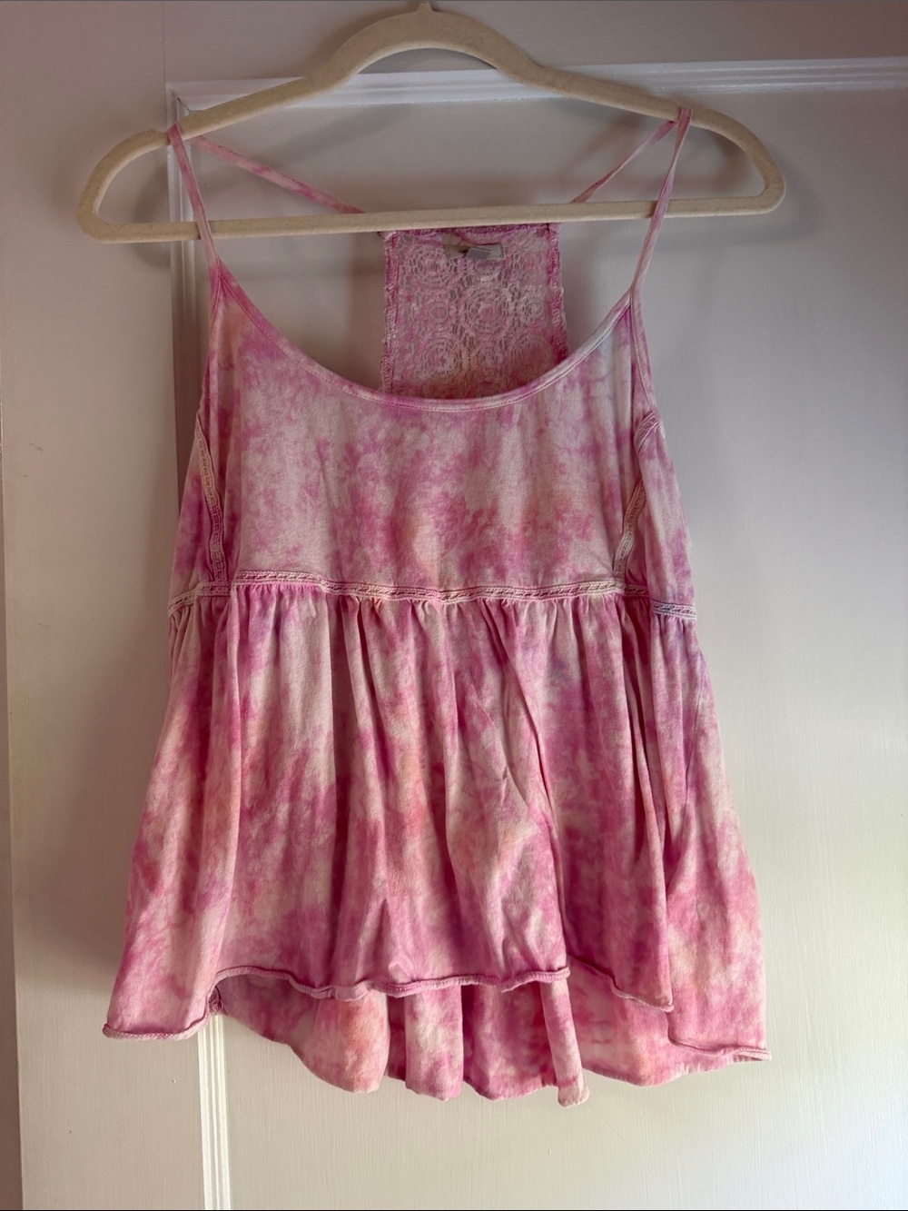 Ecote Pink Tie-Dye Lace Racerback crochet Babydoll Tank
